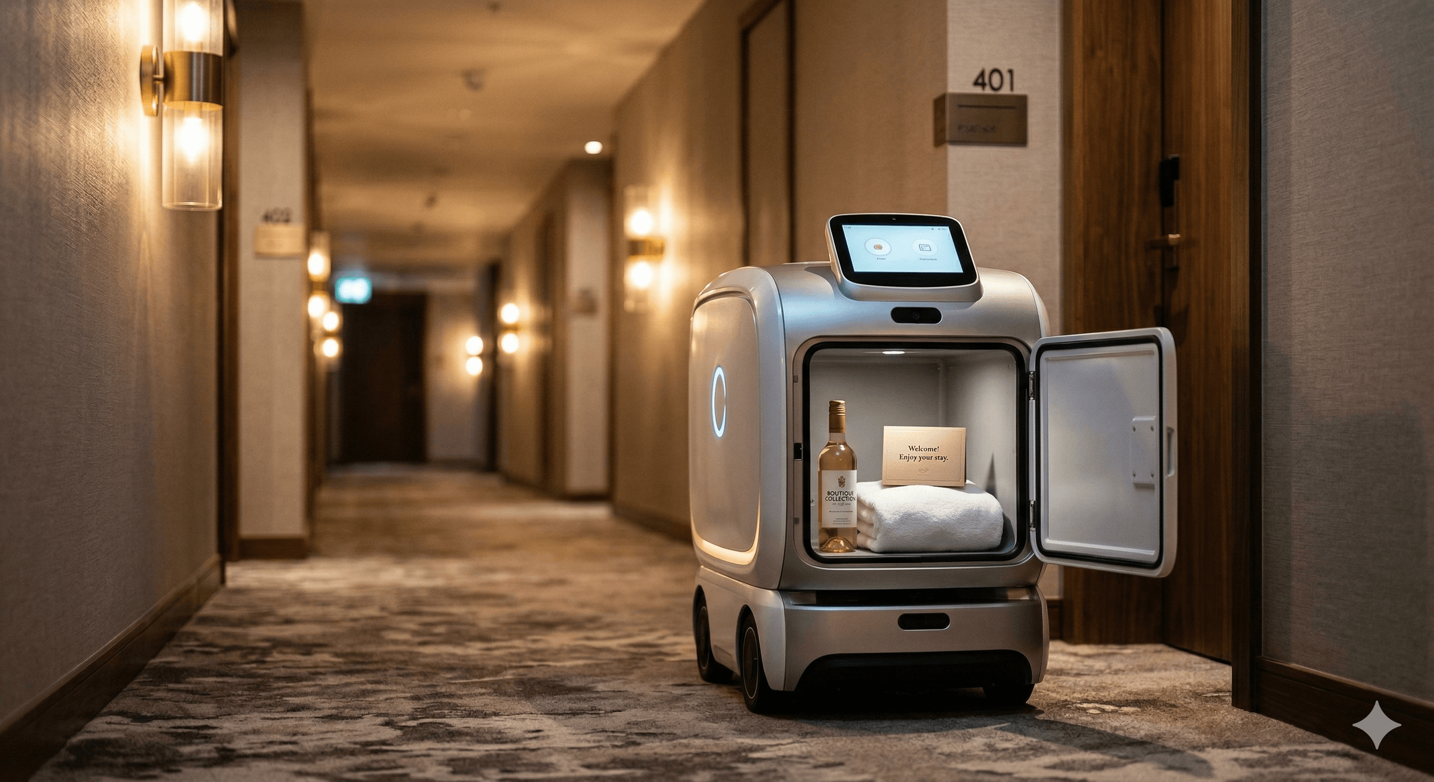 Room service robot delivering amenities in a hotel corridor